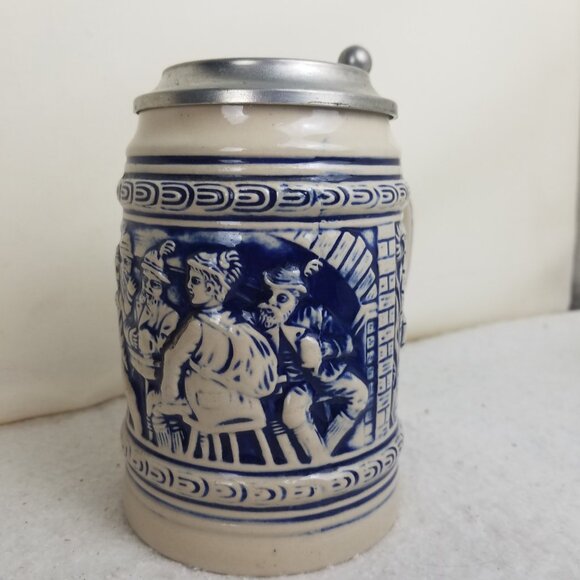 Beer Stein Pewter Lid Vtg Gerz West Germany Blue‎ And Beige tavern scene - Picture 2 of 11